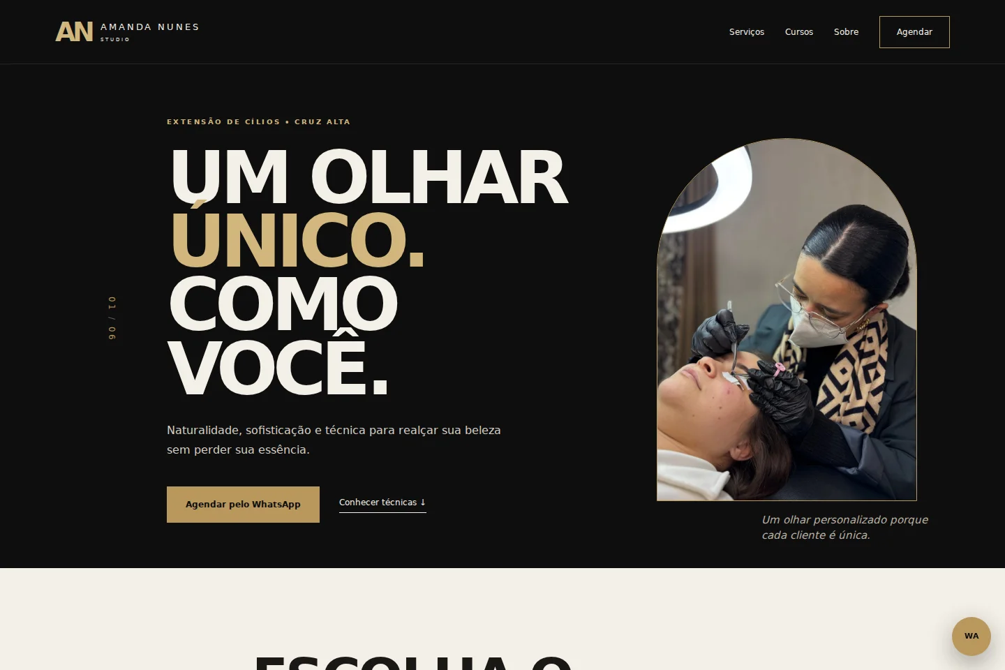 Primeira tela do site Amanda Nunes Studio