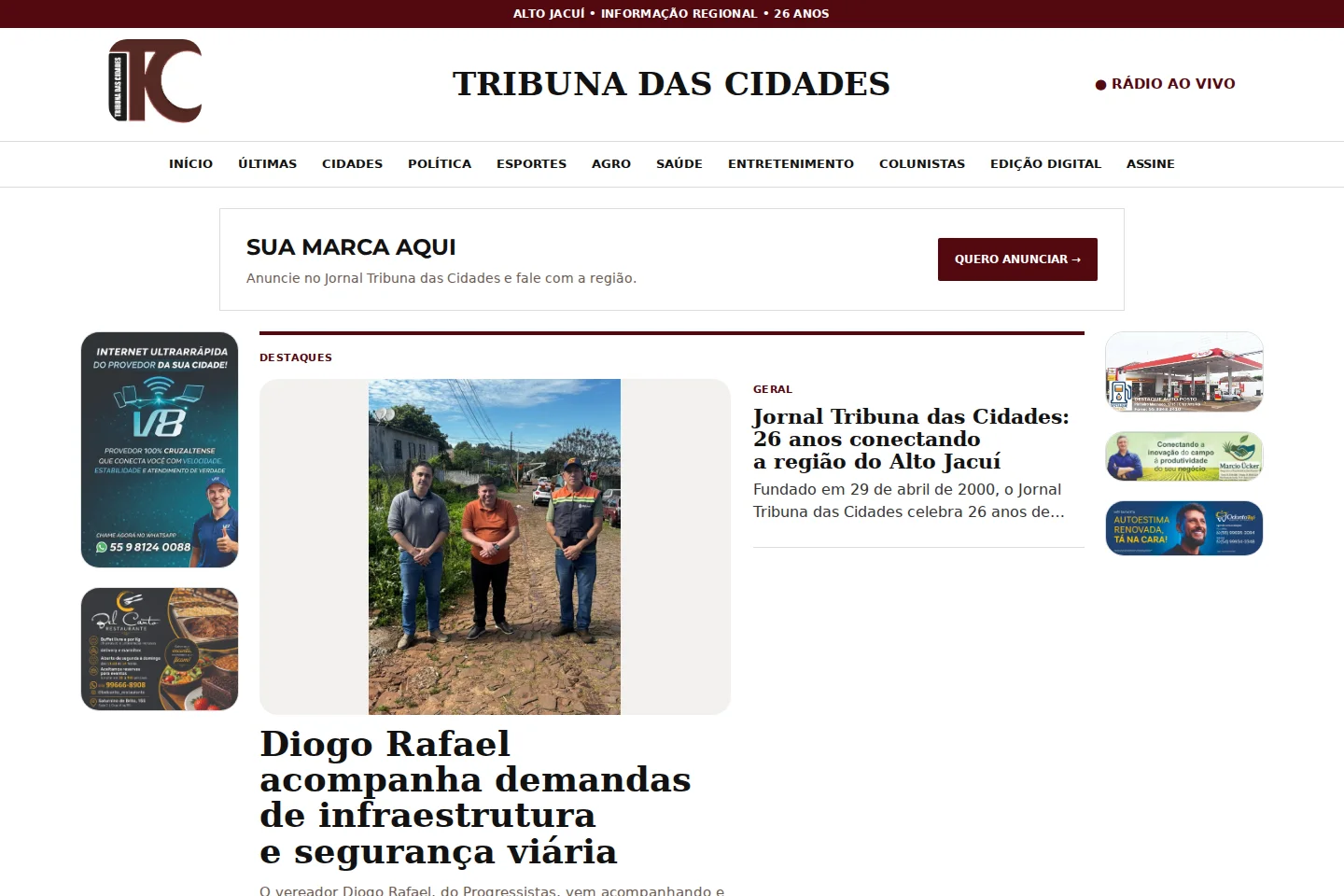 Primeira tela do site Jornal Tribuna das Cidades
