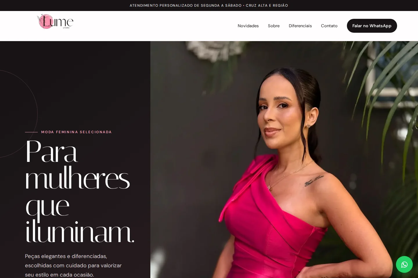 Primeira tela do site Lume Store